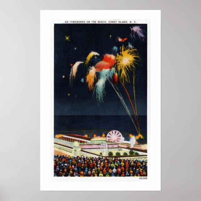 Vintages Feuerwerk der Coney Island am Strand Poster (Vorne)