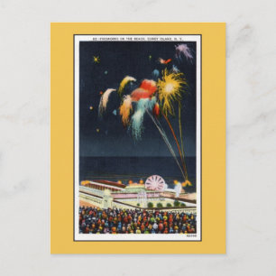 Vintages Feuerwerk der Coney Island am Strand Postkarte
