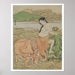 Vintages Fischermädchen mit Oktopus, Retro Japan Poster