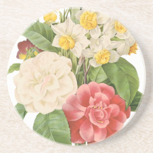Vintages Floral Camelia Daffodil Blume von Redoute Sandstein Untersetzer