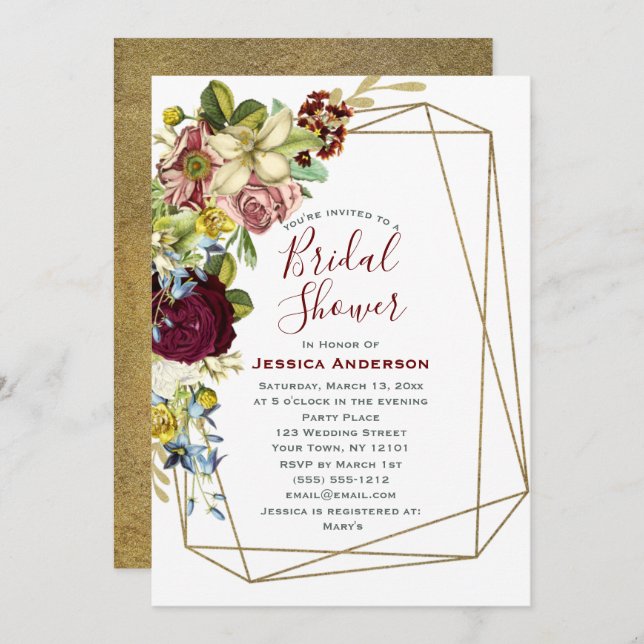 Vintages florales Burgundy Gold Brautparty Einladung (Vorne/Hinten)