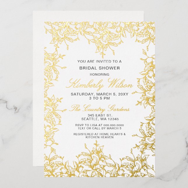 Vintages florales Hochzeitsfest Brautparty Folieneinladung (Vorderseite/Rückseite)