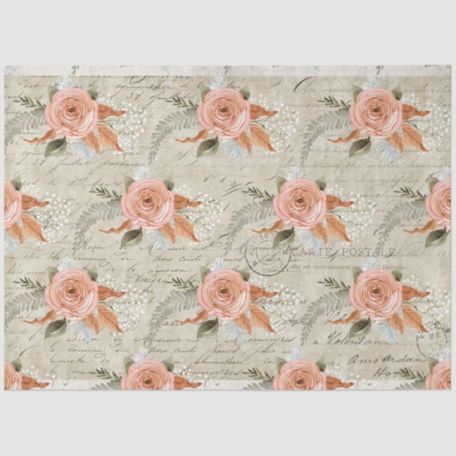 Vintages florales Peach Script Ephemera Decoupage Seidenpapier (Vorderseite)