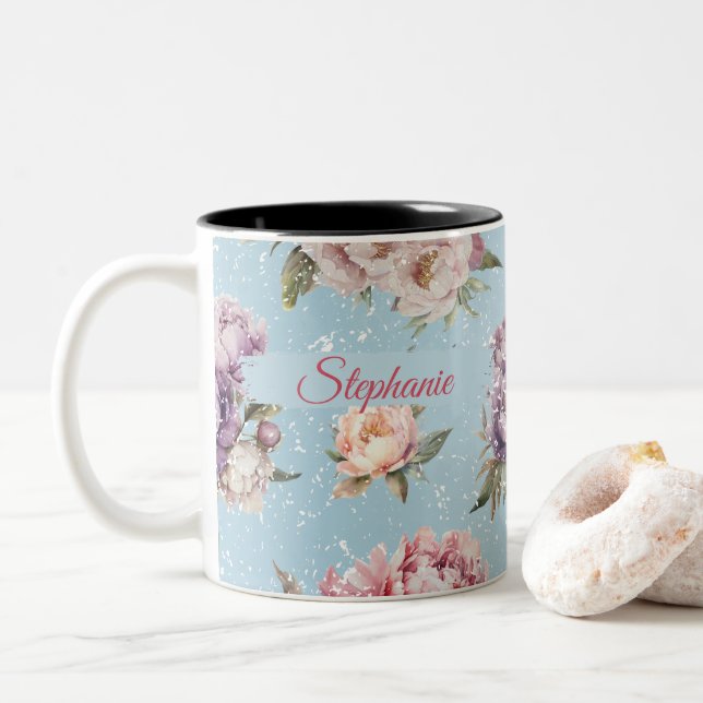 Vintages florales Personalisiertes Peelingmuster Zweifarbige Tasse (Mit Donut)