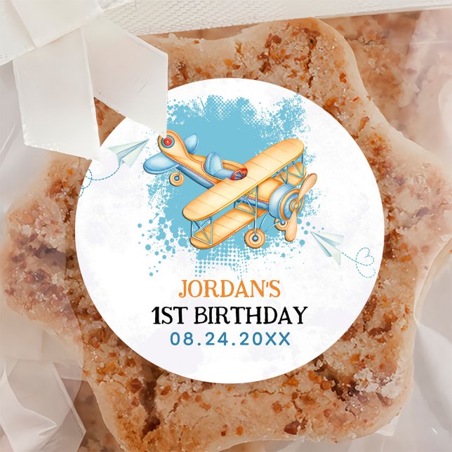 Vintages Flugzeug 1. Geburtstag Party Runder Aufkleber (Von Creator hochgeladen)