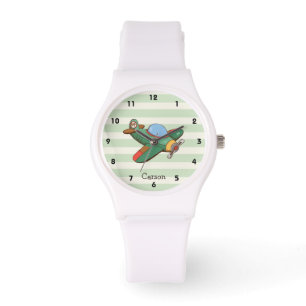 Vintages Flugzeug auf pastellgrünen Streifen Armbanduhr