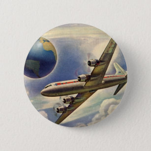 Vintages Flugzeug, das in Wolken um die Welt flieg Button