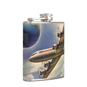 Vintages Flugzeug, das in Wolken um die Welt flieg Flachmann