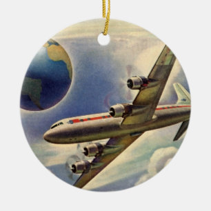 Vintages Flugzeug, das in Wolken um die Welt flieg Keramik Ornament