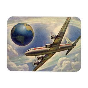 Vintages Flugzeug, das in Wolken um die Welt flieg Magnet