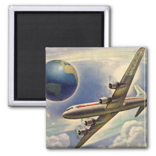 Vintages Flugzeug, das in Wolken um die Welt flieg Magnet