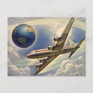 Vintages Flugzeug, das in Wolken um die Welt flieg Postkarte