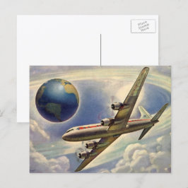 Vintages Flugzeug, das in Wolken um die Welt flieg Postkarte