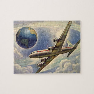 Vintages Flugzeug, das in Wolken um die Welt flieg Puzzle