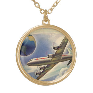 Vintages Flugzeug, das in Wolken um die Welt flieg Vergoldete Kette