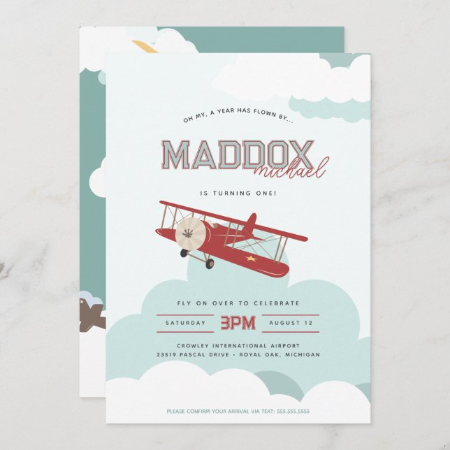 Vintages Flugzeug fliegt mit dem ersten Geburtstag Einladung (Vorne/Hinten)