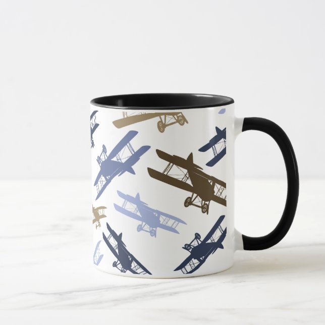 Vintages Flugzeug Muster Blau braun Tasse (Rechts)