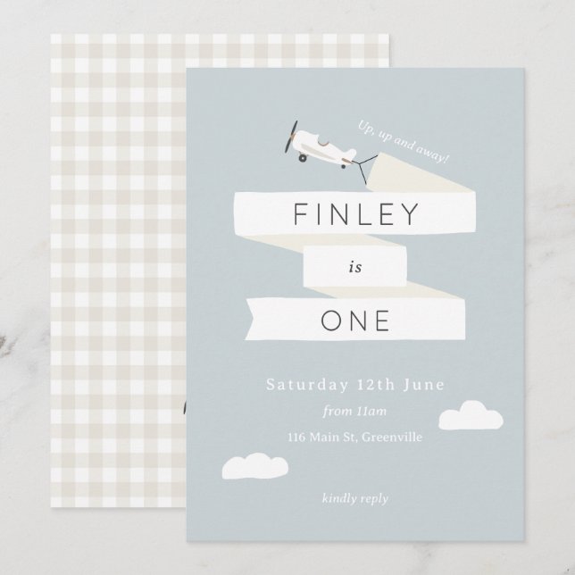 Vintages Flugzeugthema 1. Geburtstag Gingham Einladung (Vorne/Hinten)