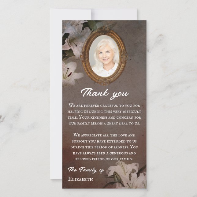 Vintages Foto-Beileid für Spiegelrahmen-Lilien Dankeskarte (Vorderseite)