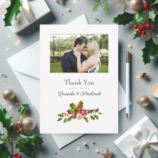 Vintages Foto für Heilige Weihnachten Dankeskarte (Vintage Holly and Ivy Christmas Wedding Photo Thank You Card)