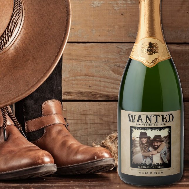 Vintages Foto Gewollt Poster-Hochzeit (Vintage Photo Wanted Poster Wedding Sparkling Wine Label)