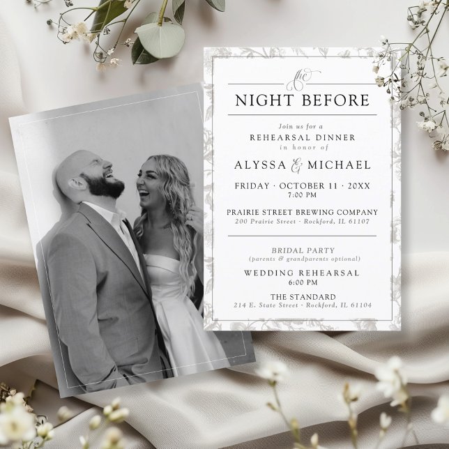 Vintages Foto Hochzeit Probe Einladung (Minimalist black and white photo vintage floral wedding suite rehearsal dinner invite insert card)