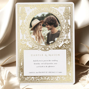 Vintages Foto Hochzeit Verziert Laurel Folieneinladung