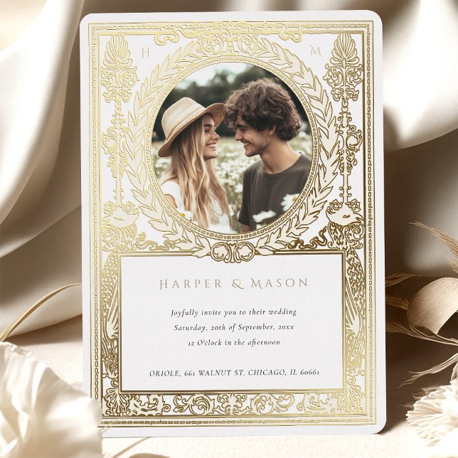 Vintages Foto Hochzeit Verziert Laurel Folieneinladung (Von Creator hochgeladen)
