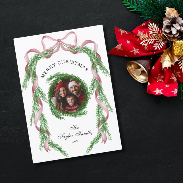 Vintages Foto Pink Ribbon Wreath Frohe Weihnachten Einladung (Von Creator hochgeladen)