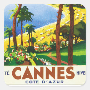 Vintages Franzose-Reise-Plakat Cannes Cote d'Azur Quadratischer Aufkleber