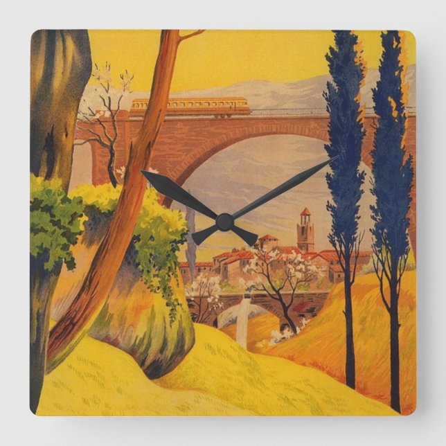 Vintages französisches Eisenbahn-Reise-Quadrat Quadratische Wanduhr (Vorderseite)
