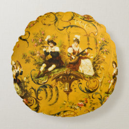 Vintages Französisches Gelbtuch Viktorianisch Rundes Kissen