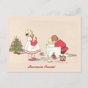 Vintages französisches Gift Girl Boy Weihnachtsbau Feiertagspostkarte