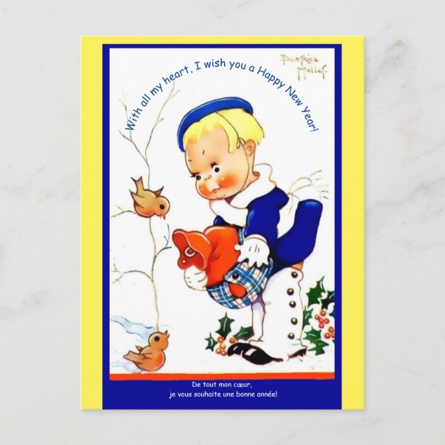 Vintages französisches Mädchen mit Vögeln im Schne Postkarte (Vorderseite)