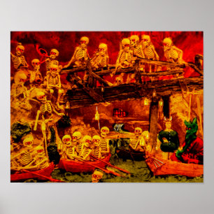 Vintages französisches Party in Hellsville Skeleto Poster