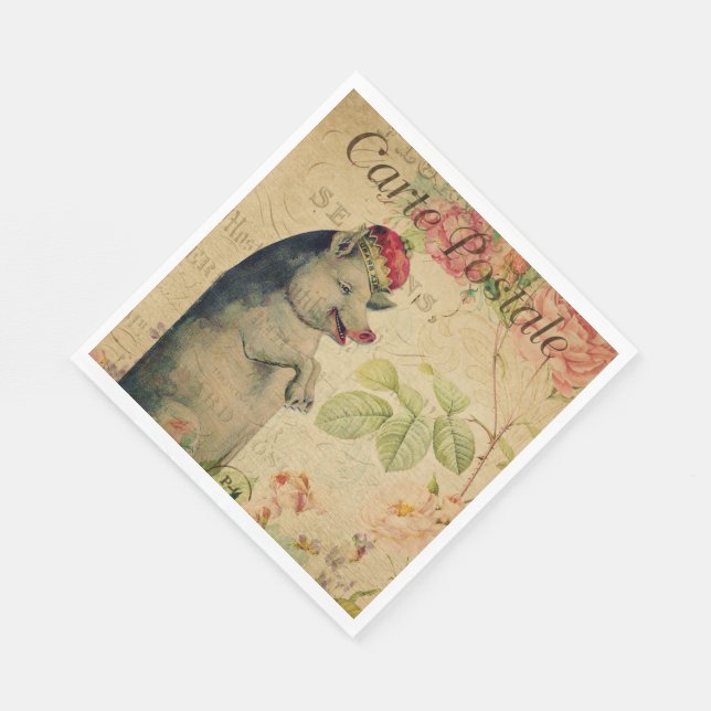 Vintages französisches Postkartenschwein mit Krone Serviette (Ecke)