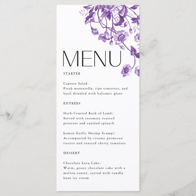 Vintages französisches Toile Floral Lila Brautpart Menükarte (Vorderseite)