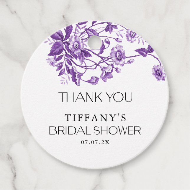 Vintages französisches Toile Lila Brautparty Geschenkanhänger (Vorderseite)