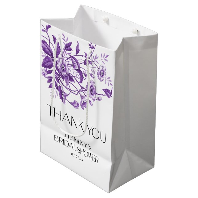 Vintages französisches Toile Lila Brautparty Mittlere Geschenktüte (Vorderseite Schrägansicht)