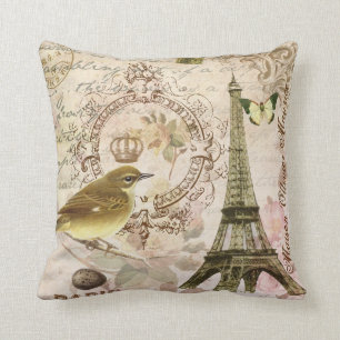 Vintages französisches Vogel und Eiffel-Turmkisse Kissen