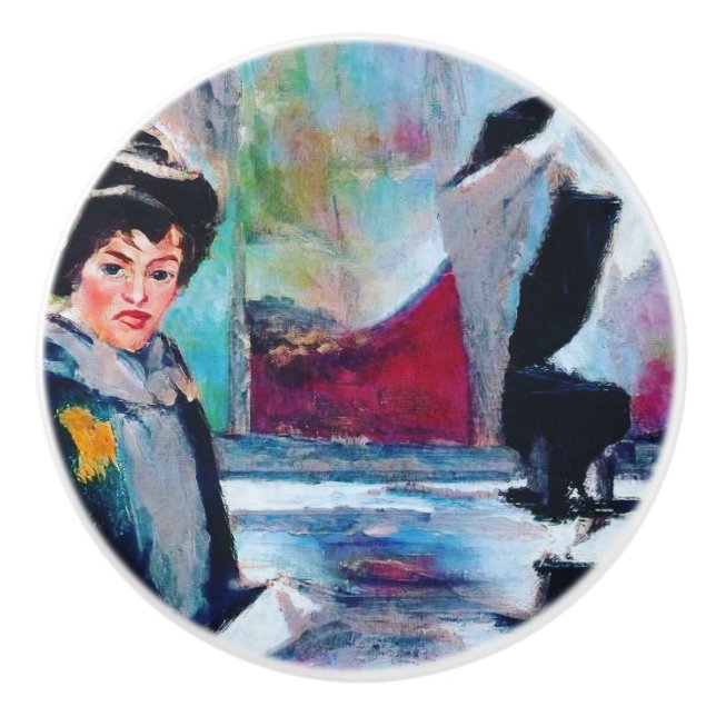 Vintages Frauenportrait mit Abstraktem Hintergrund Keramikknauf (Vorderseite)