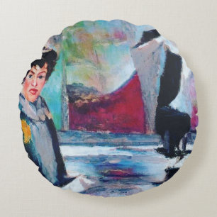 Vintages Frauenportrait mit Abstraktem Hintergrund Rundes Kissen