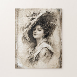 Vintages Frauenportrait mit elegantem Hut Puzzle