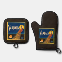 Vintages Fruchtetikett Orangen auf schwarz Ofenhandschuh & Topflappen-Set