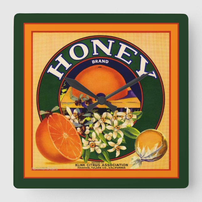 Vintages Fruchtetikett Orangenquadrat Uhr (Vorderseite)