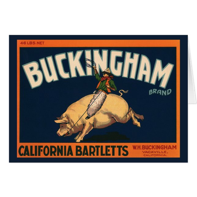 Vintages Fruchtkorb Label Cowboy on Pig Rodeo (Vorderseite (Horizontal))