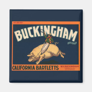 Vintages Fruchtkorb Label Cowboy on Pig Rodeo Magnet