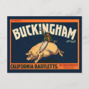 Vintages Fruchtkorb Label Cowboy on Pig Rodeo Postkarte