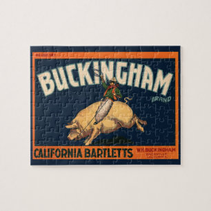 Vintages Fruchtkorb Label Cowboy on Pig Rodeo Puzzle