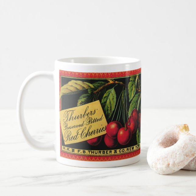Vintages Fruchtkorb-Label Kunst, Baumkirschen Kaffeetasse (Mit Donut)